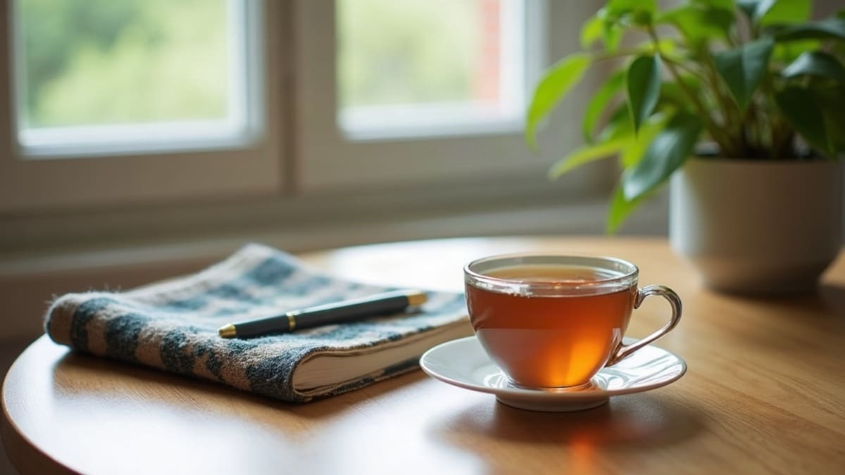 Nature morte apaisante avec une tasse de tisane, un plaid et un carnet fermé