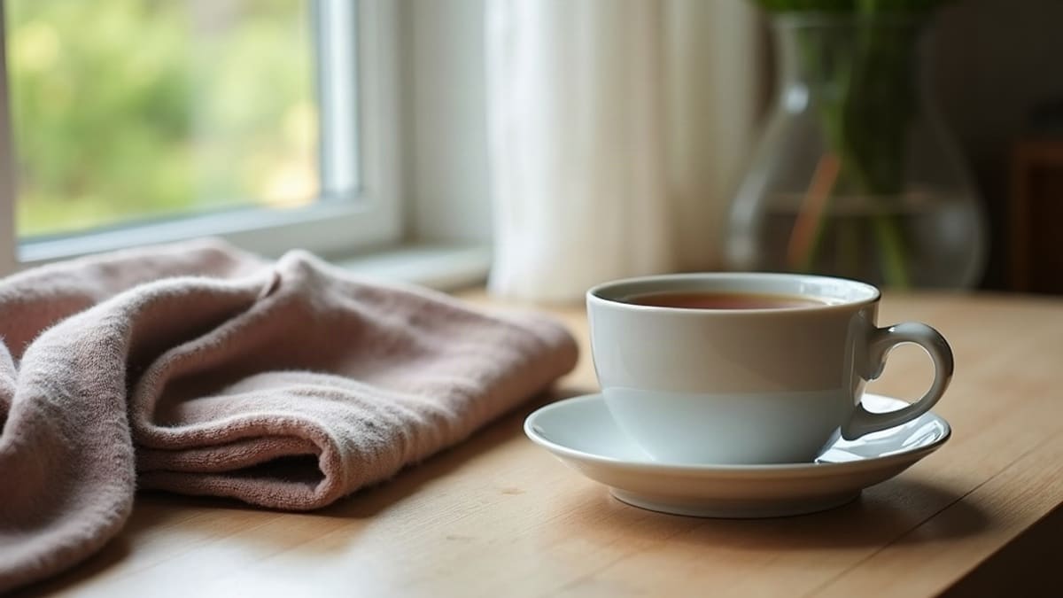 Tasse de tisane, plaid et carnet fermé posés près d’une fenêtre lumineuse