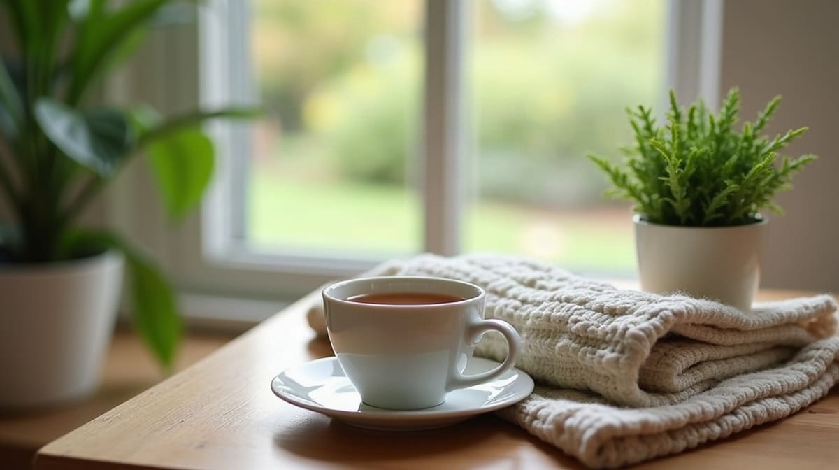 Tasse de tisane, plaid plié et carnet fermé près d’une fenêtre lumineuse